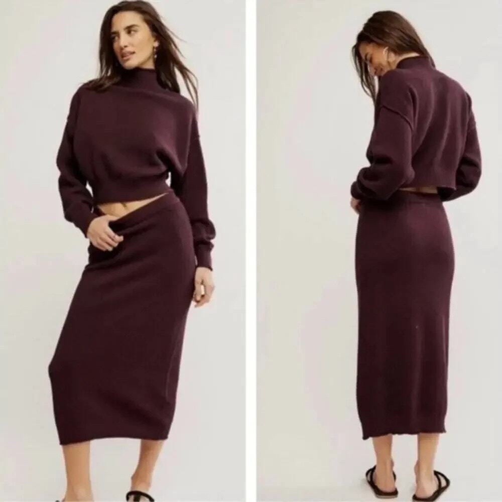 Free People Beach Womens Hailee Knit Midi Skirt Waffle Sweater Comfortable Small